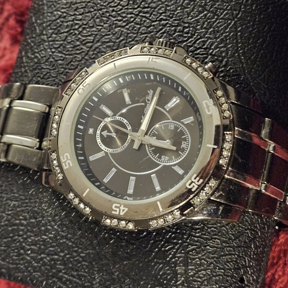 Montres Carlo Mens Silver and Black Watch with Crystal Accents - Picture 1 of 6